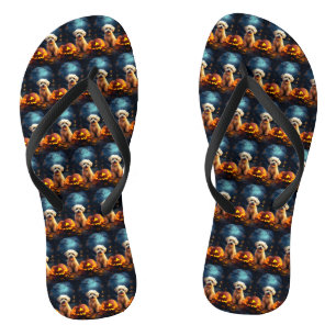 Halloween Yorkipoo With Pumpkins Scary Flip Flops