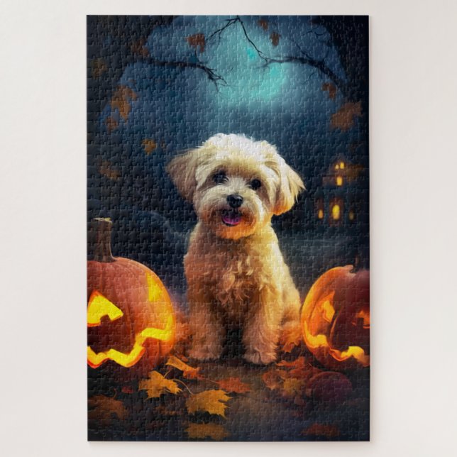 Halloween Yorkipoo With Pumpkins Scary Jigsaw Puzzle (Vertical)