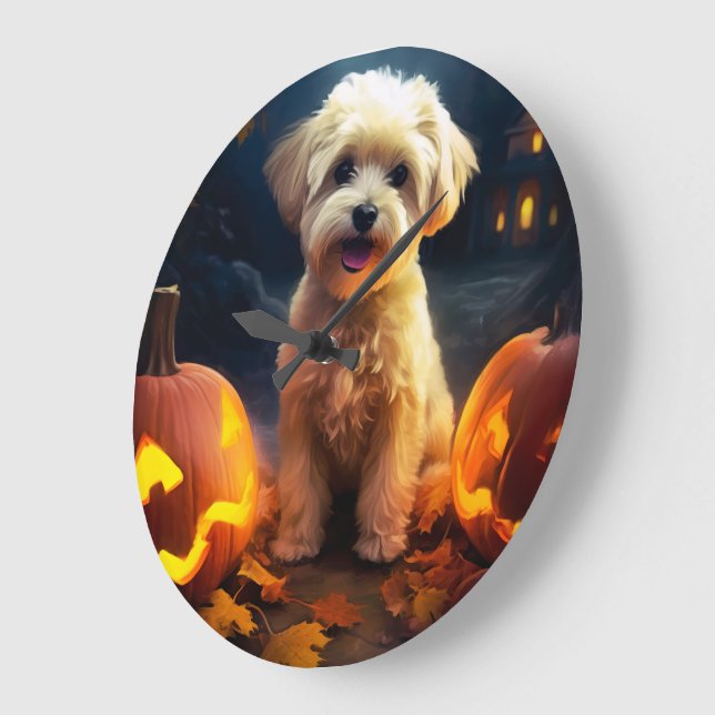 Halloween Yorkipoo With Pumpkins Scary Large Clock (Angle)