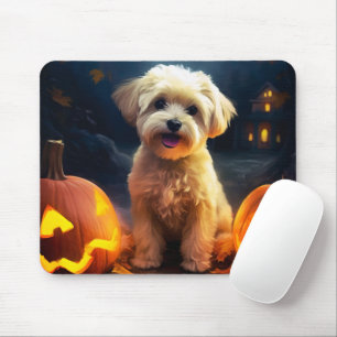 Halloween Yorkipoo With Pumpkins Scary Mouse Pad