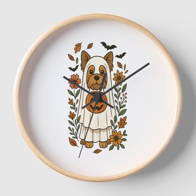 Halloween Yorkshire Terrier Flowers Halloween Clock (Front)