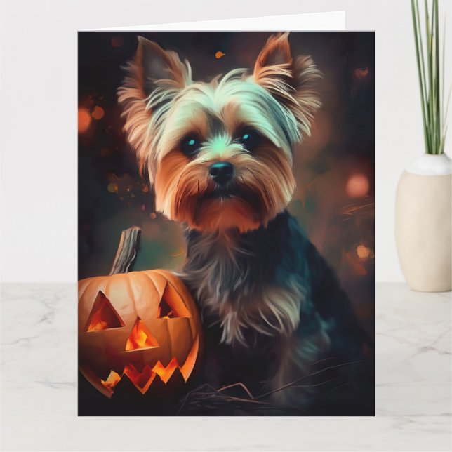 Halloween Yorkshire Terrier With Pumpkins Scary Card (Front)