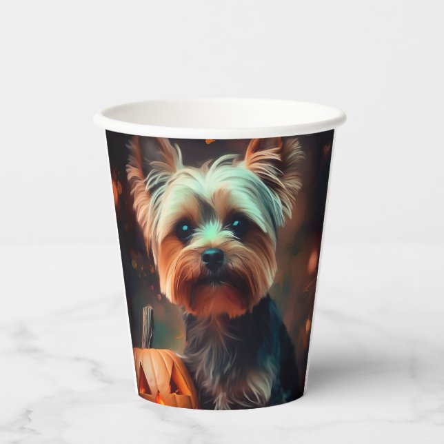 Halloween Yorkshire Terrier With Pumpkins Scary Paper Cups (Front)