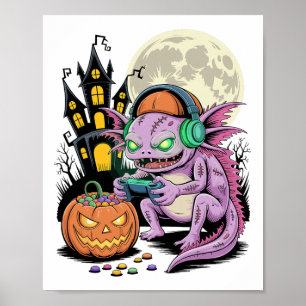 Halloween Zombie Axolotl Gamer Haunted Castle Vide Poster