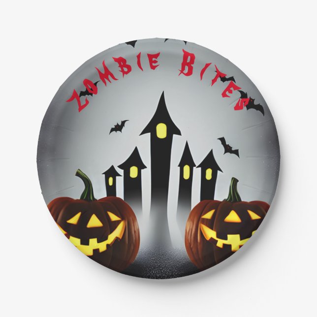 Halloween Zombie Bites Creepy Jack o Lantern, Bats Paper Plate (Front)