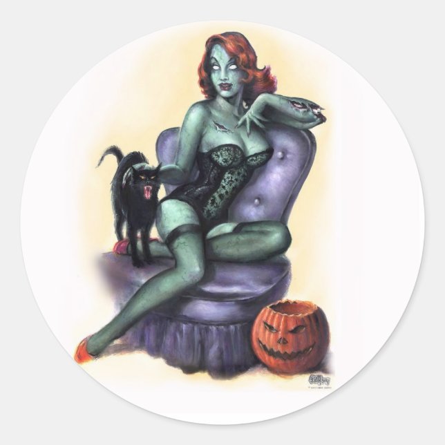 Halloween Zombie Girl Pin Up Classic Round Sticker (Front)