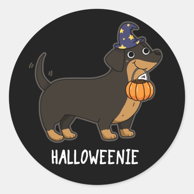 Halloweenie Funny Sausage Dog Pun Dark BG Classic Round Sticker (Front)