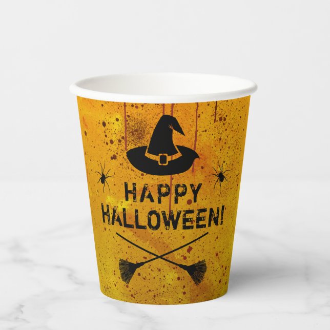 HalloweenParty Grunge Witch Hat Brooms Spiders Paper Cups (Front)