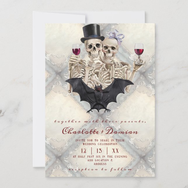 Hallowen Gothic Skulls Tarot The Lovers Wedding Invitation (Front)