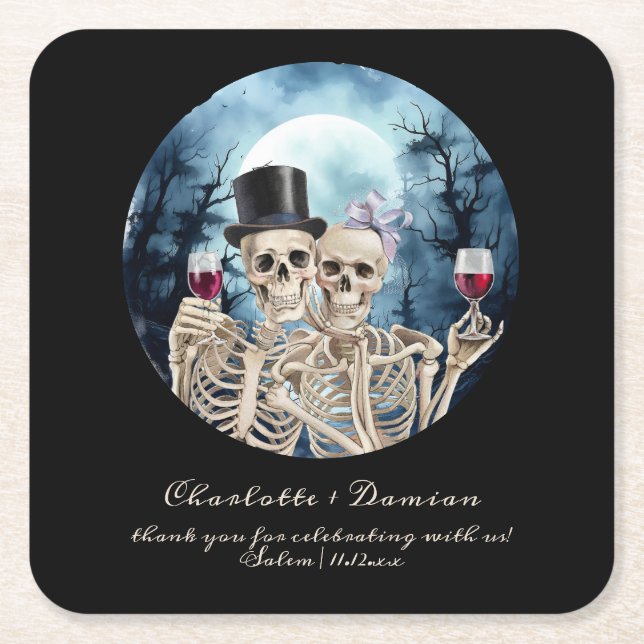 Hallowen Gothic Skulls Tarot The Lovers Wedding Square Paper Coaster (Front)