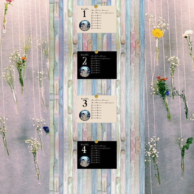 Hallowen Gothic Skulls Tarot The Lovers Wedding Table Number (Boho sitting chart with hanging flowers and table number cards)