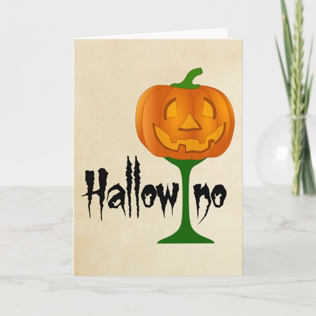Hallowino Pumpkin Wine Glass Halloween Card (Front)