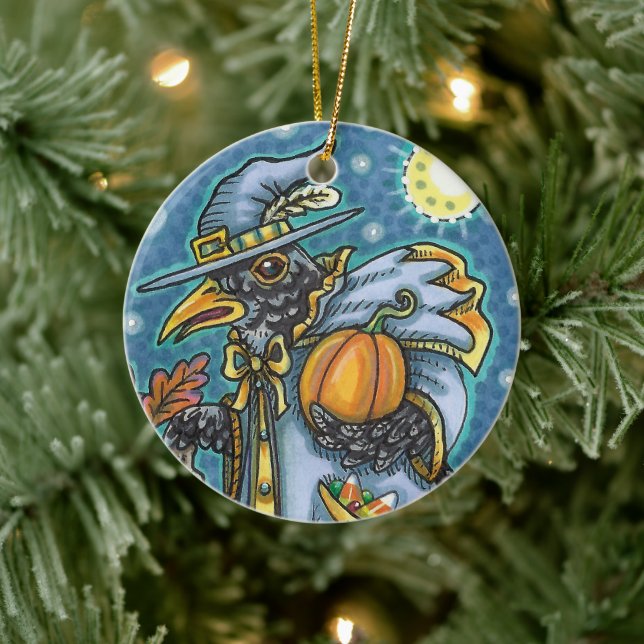 HALLOWS EVE BLACKBIRD WIZARD, HALLOWEEN RAVEN CERAMIC ORNAMENT (Tree)