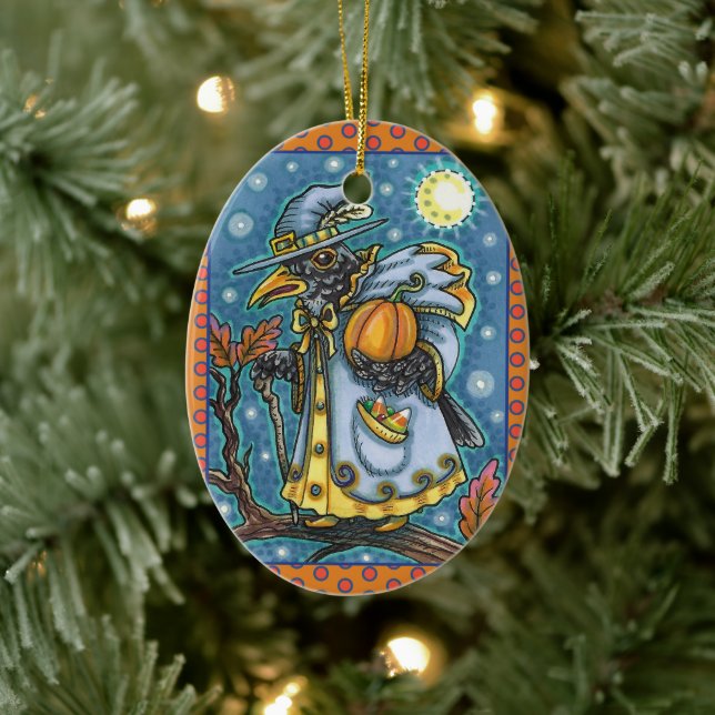 HALLOWS EVE BLACKBIRD WIZARD, HALLOWEEN RAVEN CERAMIC ORNAMENT (Tree)