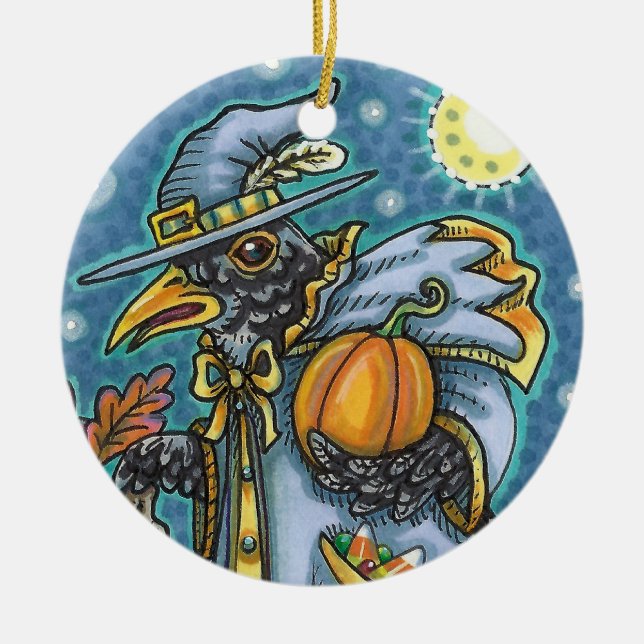 HALLOWS EVE BLACKBIRD WIZARD, HALLOWEEN RAVEN CERAMIC ORNAMENT (Front)
