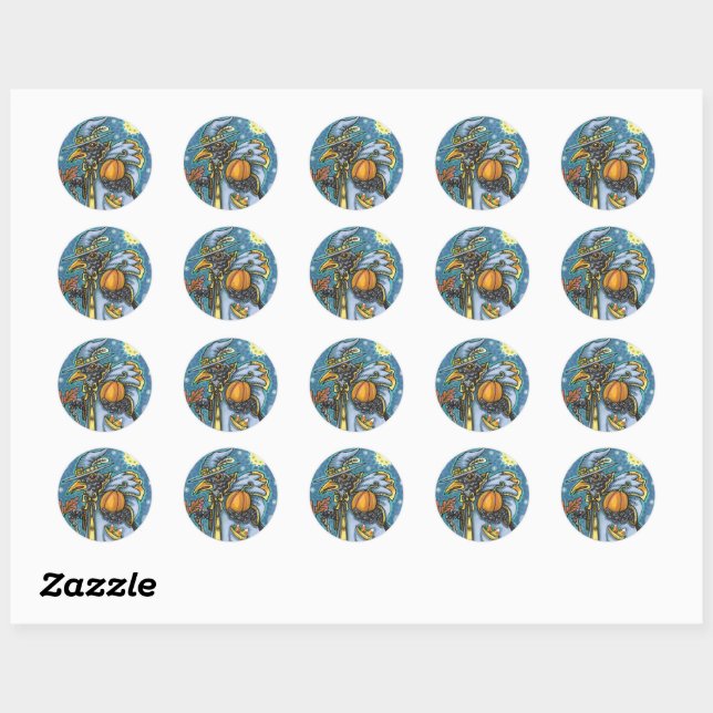 HALLOWS EVE BLACKBIRD WIZARD, HALLOWEEN RAVEN CLASSIC ROUND STICKER (Sheet)
