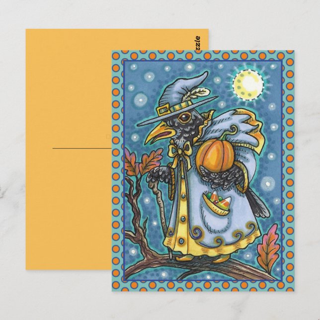 HALLOWS EVE BLACKBIRD WIZARD, HALLOWEEN RAVEN POSTCARD (Front/Back)