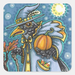 HALLOWS EVE BLACKBIRD WIZARD, HALLOWEEN RAVEN SQUARE STICKER