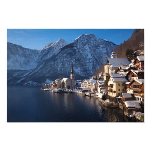 Hallstatt town in the snow in winter photo print