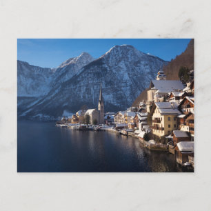 Hallstatt town in the snow in winter postcard