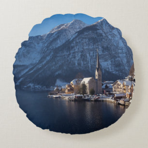 Hallstatt town in the snow in winter round pillow