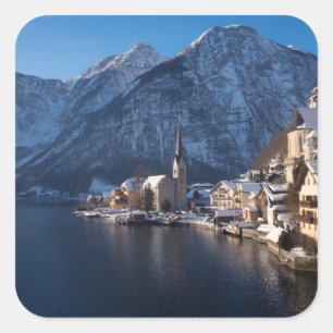 Hallstatt town in the snow in winter square sticker