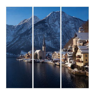 Hallstatt town in the snow in winter triptych