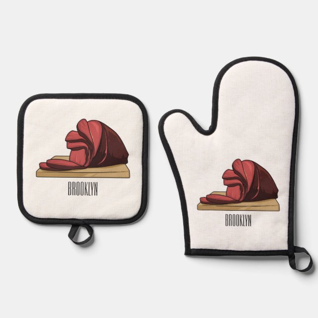 Ham cartoon illustration  oven mitt & pot holder set (Front)