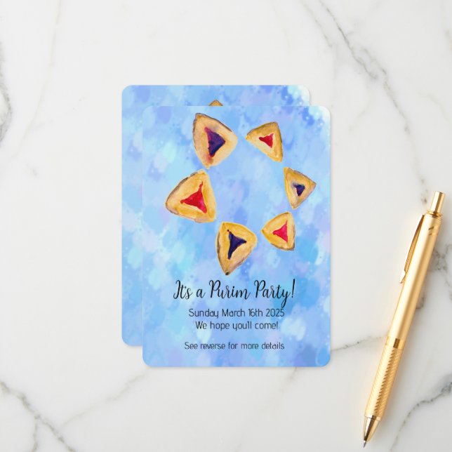 Hamantaschen Star Purim Party Invitation Enclosure (Front/Back In Situ)