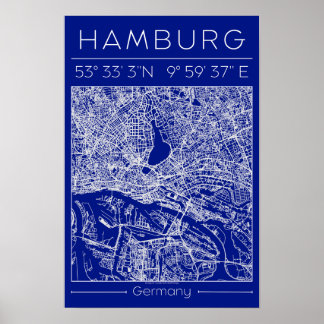 Hamburg Blueprint City Map Poster Minimal Wall Art
