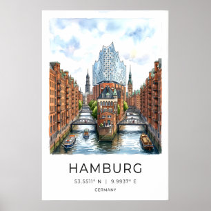 Hamburg Canal Art Print - Watercolor Cityscape