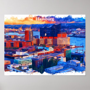Hamburg Germany City View Watercolor Poster