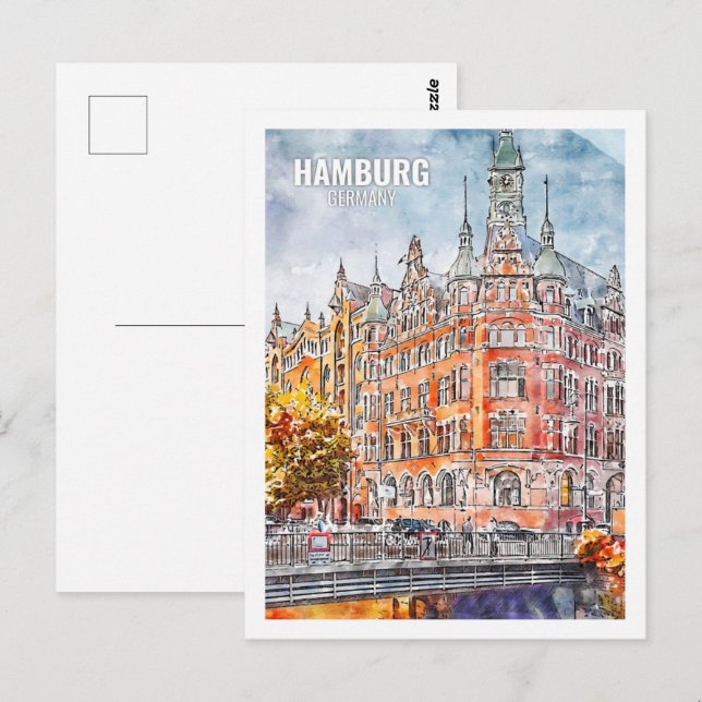 Hamburg Germany Famous Travel Place Watercolor Postcard (Front/Back)