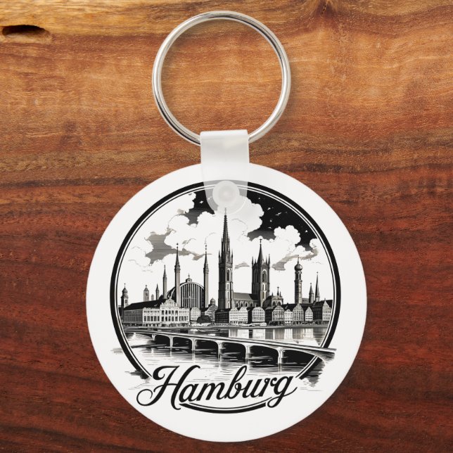 Hamburg Germany Skyline – Vintage Circle Cityscape Keychain (Front)