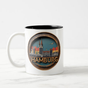 Hamburg Germany Skyline – Vintage Circle Cityscape Two-Tone Coffee Mug