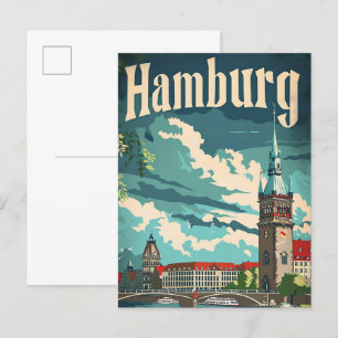 Hamburg Germany Vintage Retro Travel Illustration Postcard