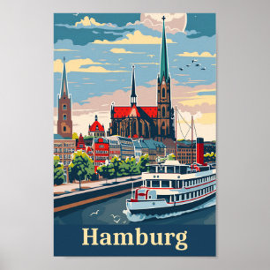 Hamburg Germany Vintage Retro Travel Illustration Poster