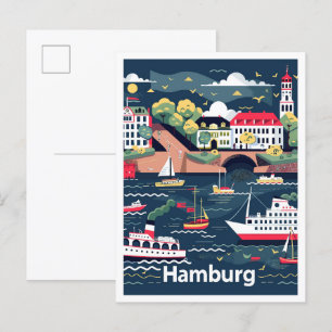 Hamburg Germany Vintage Travel Illustration Postcard