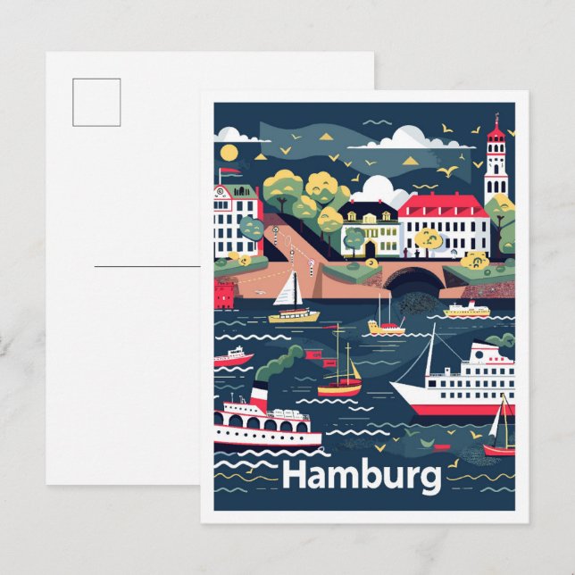 Hamburg Germany Vintage Travel Illustration Postcard (Front/Back)