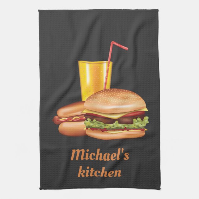 Hamburger And Hot Dog With Drink And Text Kitchen Towel (Vertical)