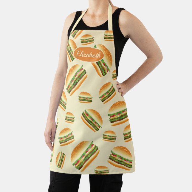 Hamburger Cartoon Illustration Pattern & Name Apron (Insitu)