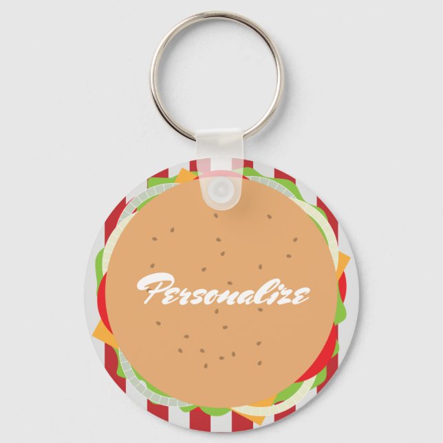 Hamburger cheeseburger cute cafe striped red white keychain (Front)
