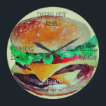Hamburger Clock, Pop Art of Artlarissa Large Clock<br><div class="desc">Fun clock with the image of your favorite hamburger. With a humor explanation of contest- fat and sodium and so on !!!  It has a little reminder- just in case :))) Designed by Pelari based on the original Pop Art,  Artlarissa.</div>