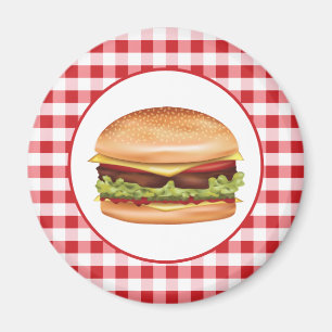 Hamburger Fast Food Illustration On Red Gingham Magnet
