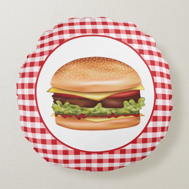 Hamburger Fast Food Illustration On Red Gingham Round Pillow (Front)