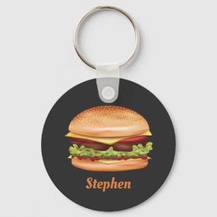 Hamburger Fast Food Illustration With Custom Name Keychain