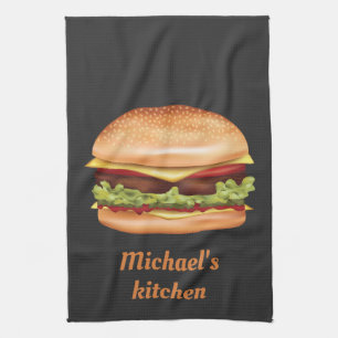 Hamburger Fast Food Illustration With Custom Text Kitchen Towel