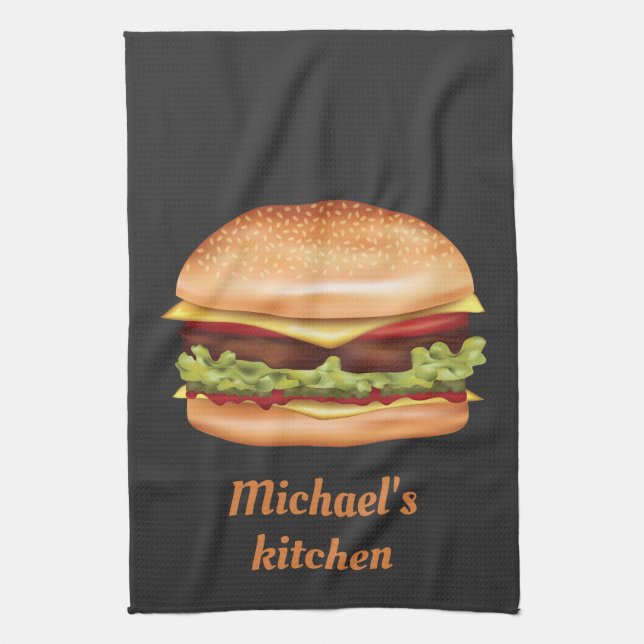 Hamburger Fast Food Illustration With Custom Text Kitchen Towel (Vertical)