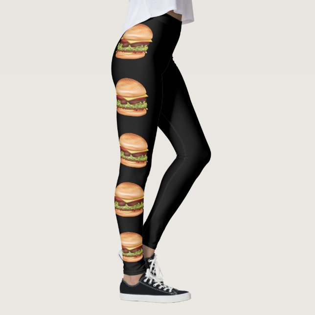 Hamburger Fast Food Illustrations On Black Leggings (Right)