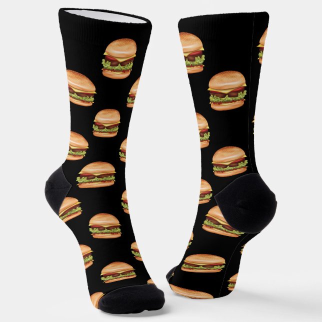 Hamburger Fast Food Pattern On A Black Background Socks (Angled)